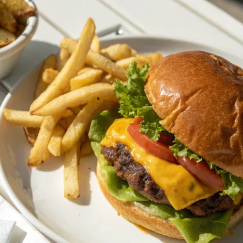 Overhead view of classic Shake Shack style burger with melted American cheese, lettuce, tomato on golden toasted potato bun,