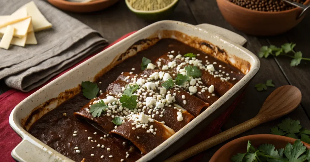 Overhead view of mole enchiladas in a rustic baking dish, covered in rich dark brown mole sauce, topped with crumbled white c
