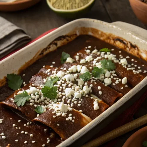 Overhead view of mole enchiladas in a rustic baking dish, covered in rich dark brown mole sauce, topped with crumbled white c