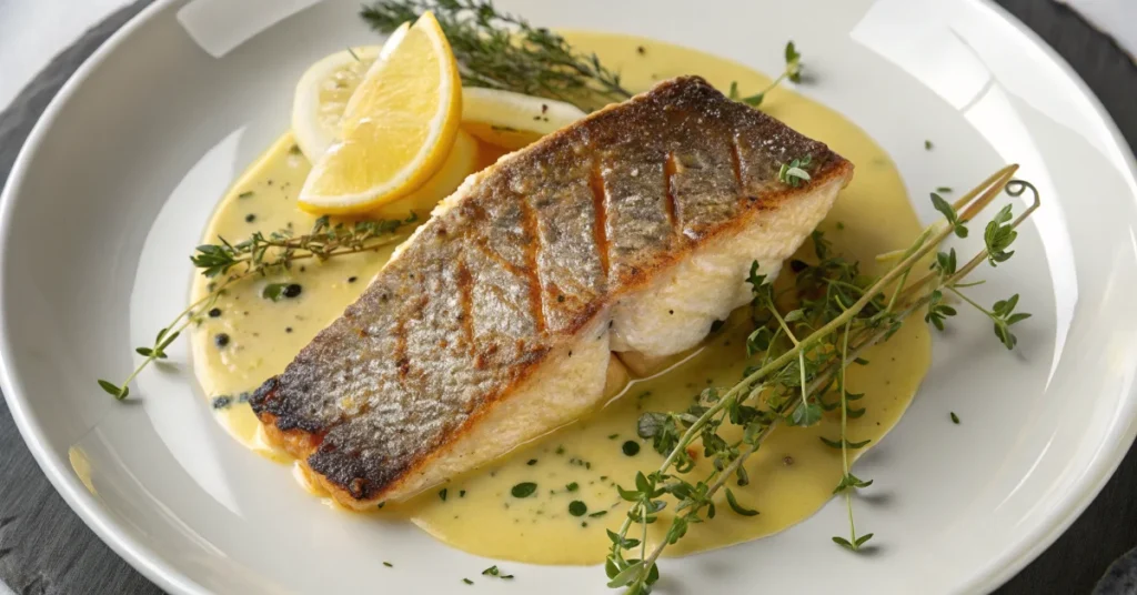 Pan-seared seabass fillet with golden crispy skin on white plate, overhead view, butter sauce with fresh thyme and lemon wedg