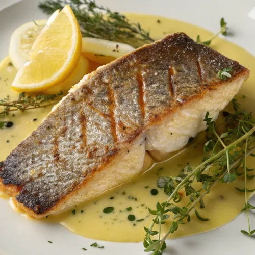 Pan-seared seabass fillet with golden crispy skin on white plate, overhead view, butter sauce with fresh thyme and lemon wedg