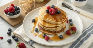 Stack of fluffy golden-brown egg free pancakes on white plate, overhead view, drizzled with maple syrup, fresh berries scatte