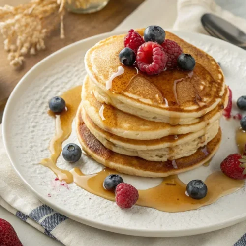 Stack of fluffy golden-brown egg free pancakes on white plate, overhead view, drizzled with maple syrup, fresh berries scatte