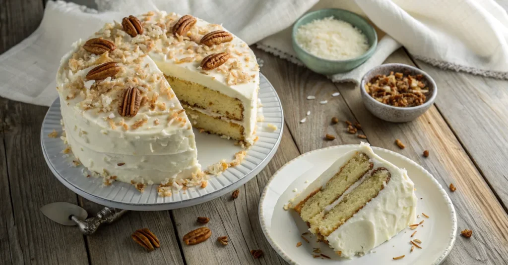Stunning three-layer Italian cream cake with white cream cheese frosting, garnished with toasted pecans and shredded coconut,