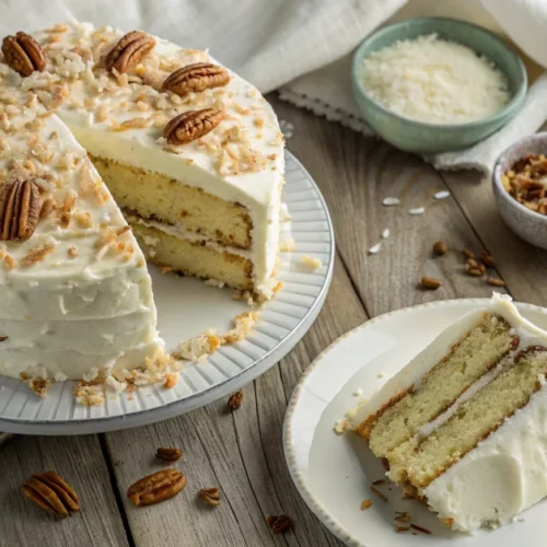Stunning three-layer Italian cream cake with white cream cheese frosting, garnished with toasted pecans and shredded coconut,