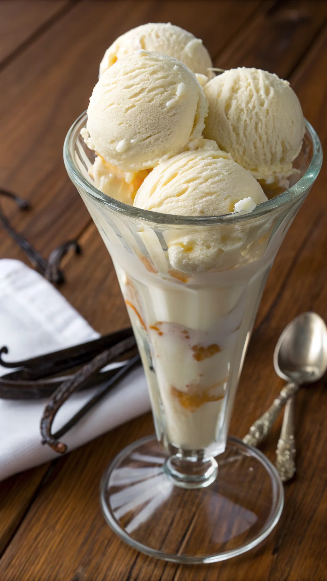 Tall glass filled with creamy vanilla ice cream scoops, portrait 9:16 composition, condensed milk drizzle on top, fresh vanil