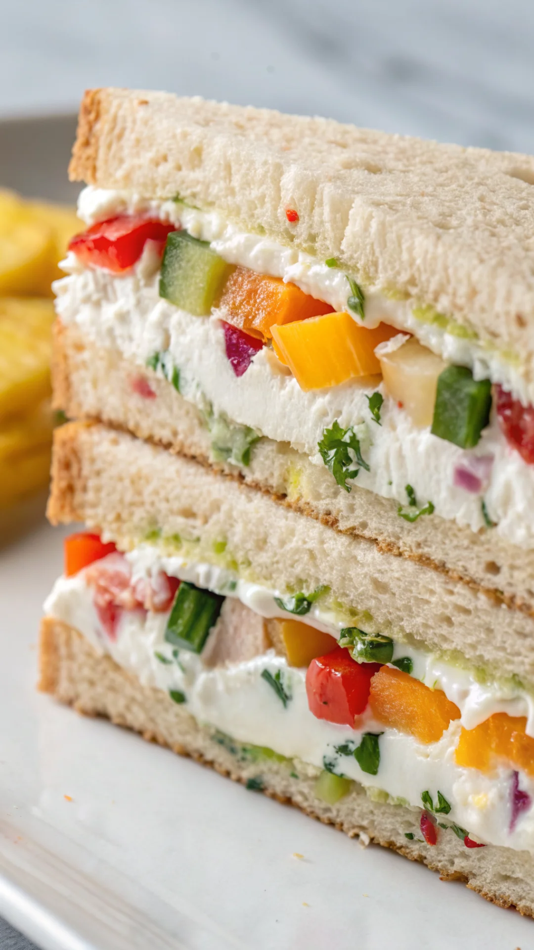 Vertical close-up portrait of curd sandwich cross-section showing layers of creamy yogurt mixture with vegetables between sof