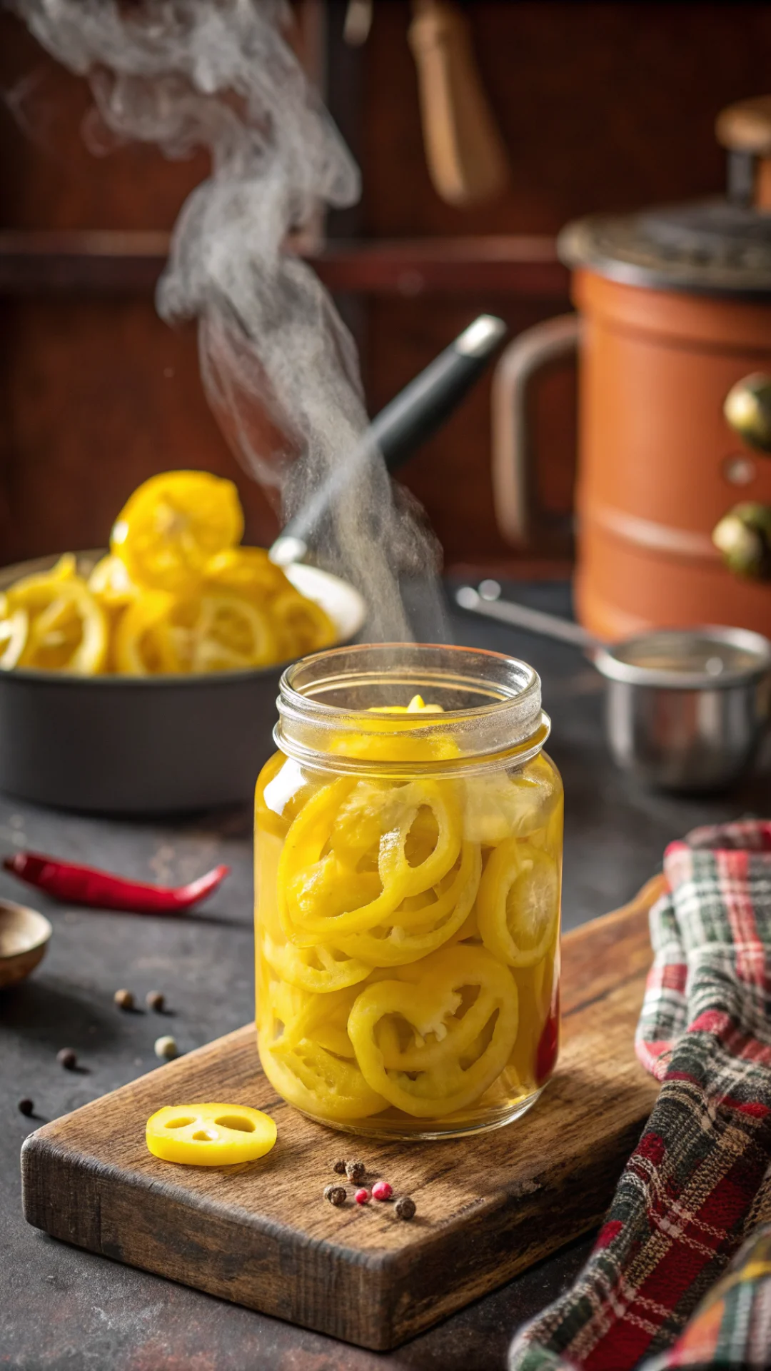 Vertical portrait close-up of single mason jar filled with bright yellow banana pepper rings in vinegar brine, steam rising f