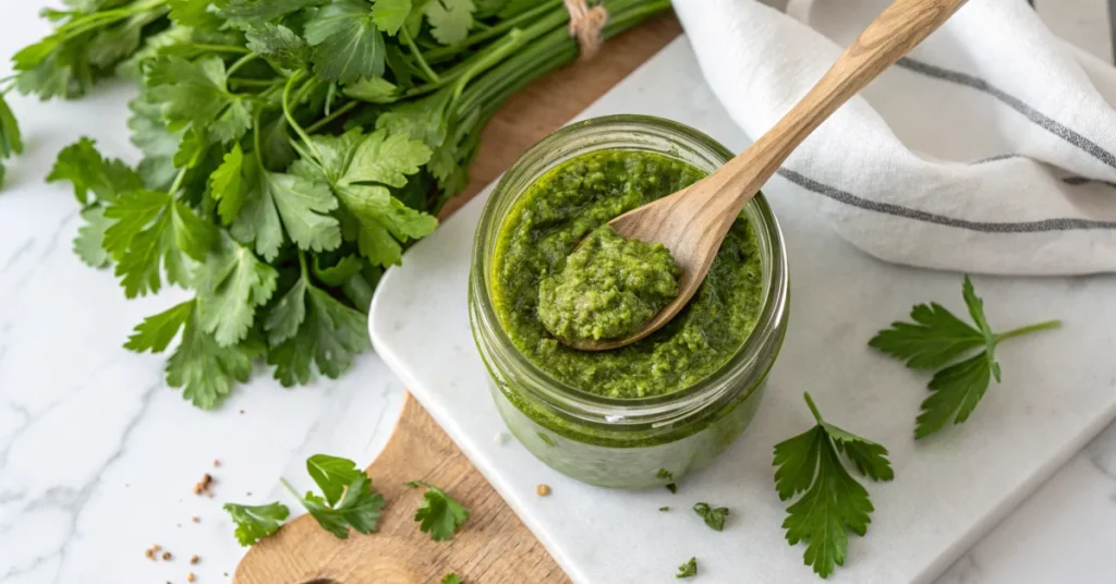 Vibrant green parsley pesto in rustic glass jar, wooden spoon drizzling pesto, fresh parsley sprigs scattered around, overhea