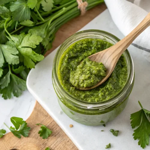 Vibrant green parsley pesto in rustic glass jar, wooden spoon drizzling pesto, fresh parsley sprigs scattered around, overhea