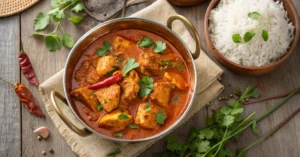 Vibrant red Guntur chicken curry in traditional copper kadai, overhead view, tender chicken pieces in rich spicy gravy garnis