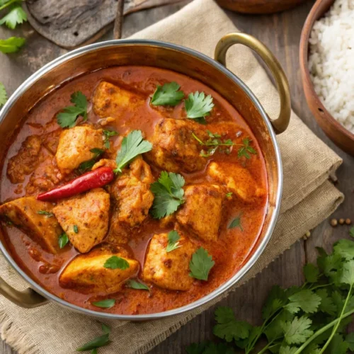 Vibrant red Guntur chicken curry in traditional copper kadai, overhead view, tender chicken pieces in rich spicy gravy garnis