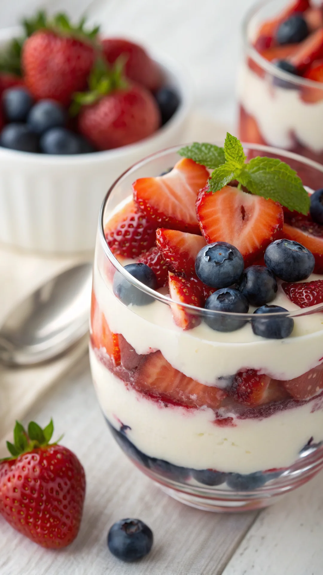 Close-up portrait of layered protein gelatin dessert with fresh strawberries and blueberries, creamy texture visible, natural