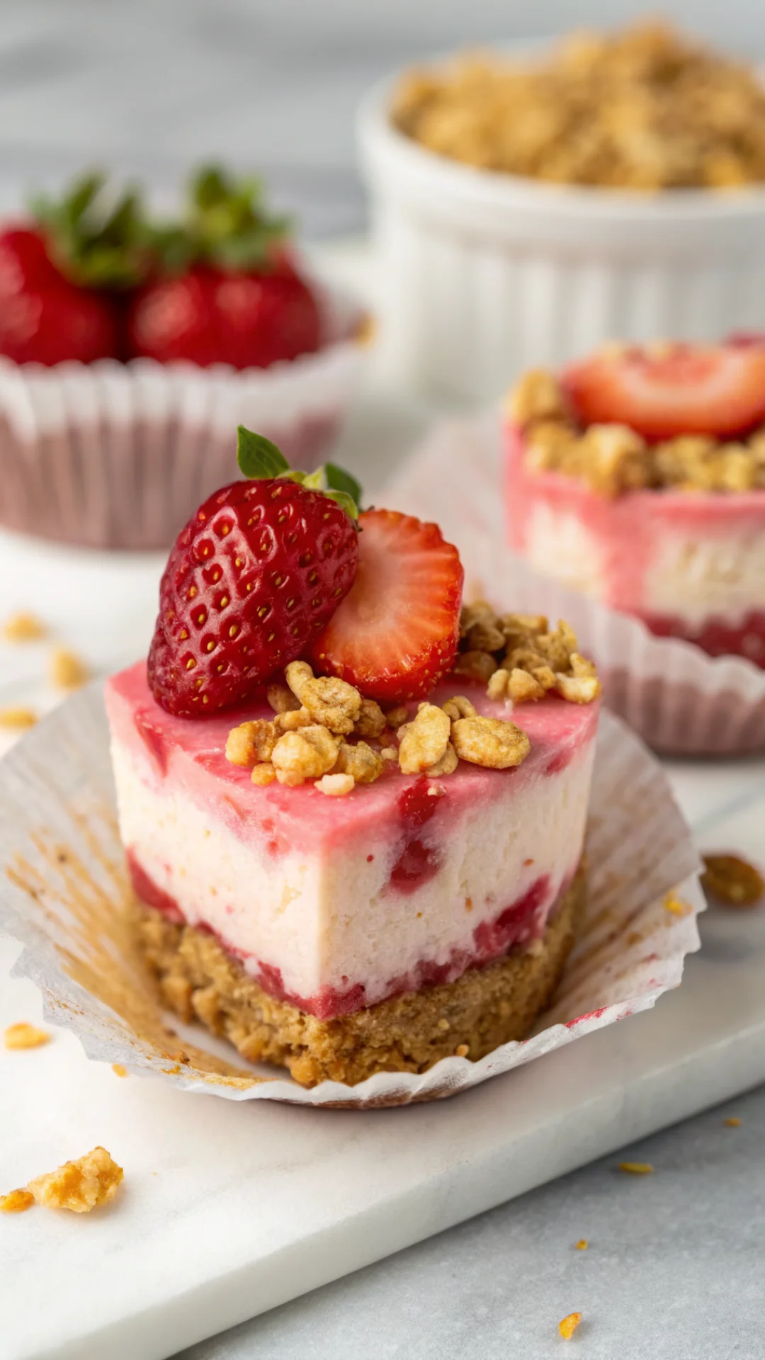 Close-up portrait of single strawberry crunch cheesecake bite in paper liner, visible layers of graham cracker crust and pink