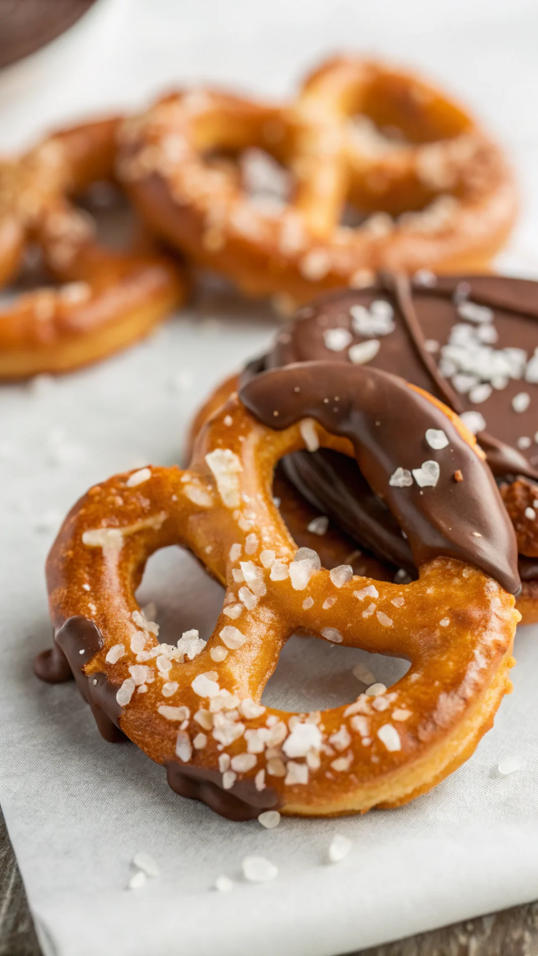 Close-up portrait shot of a single butter toffee pretzel with melted chocolate dripping, toffee layer visible, sea salt cryst