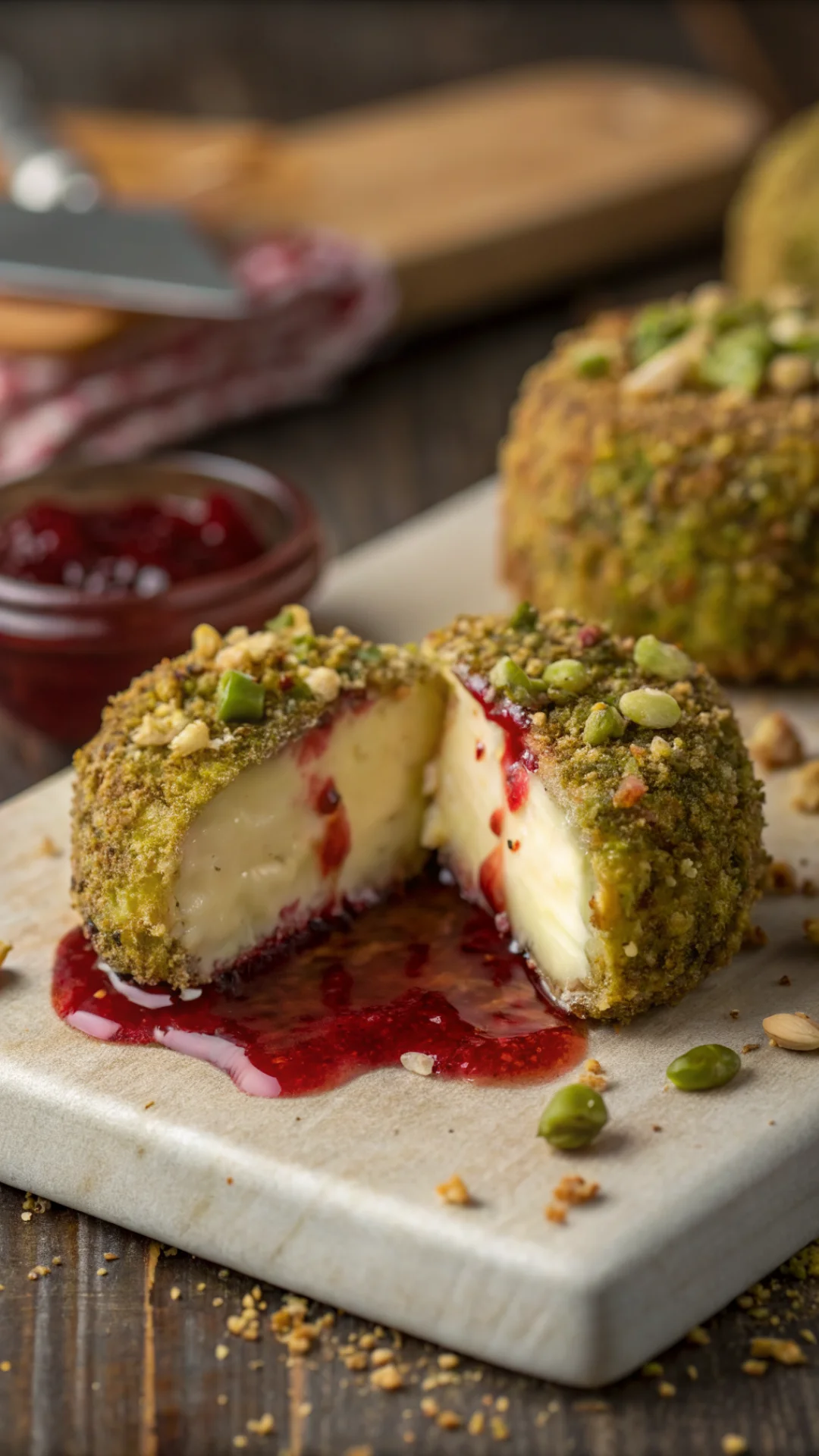 Close-up portrait shot of a single warm pistachio crusted brie bite, cut in half to show melting golden brie center, crunchy