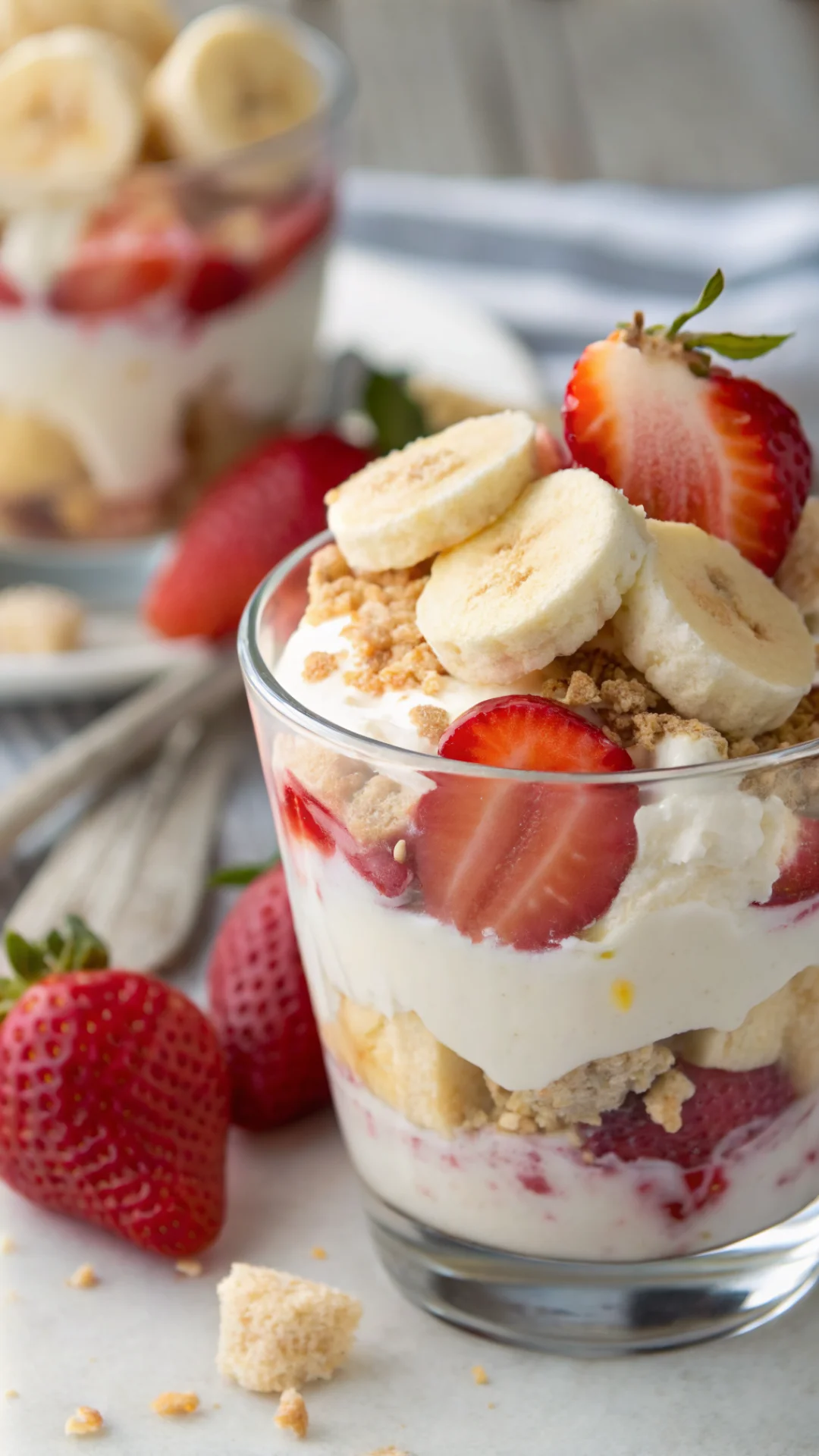 Close-up portrait shot of strawberry banana pudding dream served in a glass cup, showing creamy texture, fresh strawberry sli