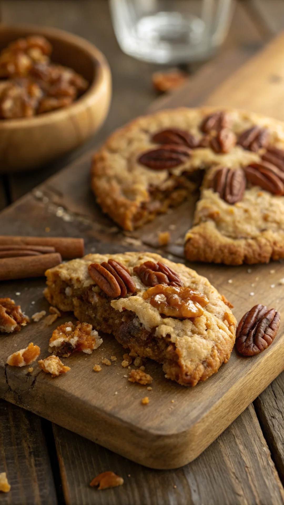 Close-up portrait vertical 9:16 of single bakery style pecan pie oatmeal cookie, torn in half showing chewy center, pecans vi