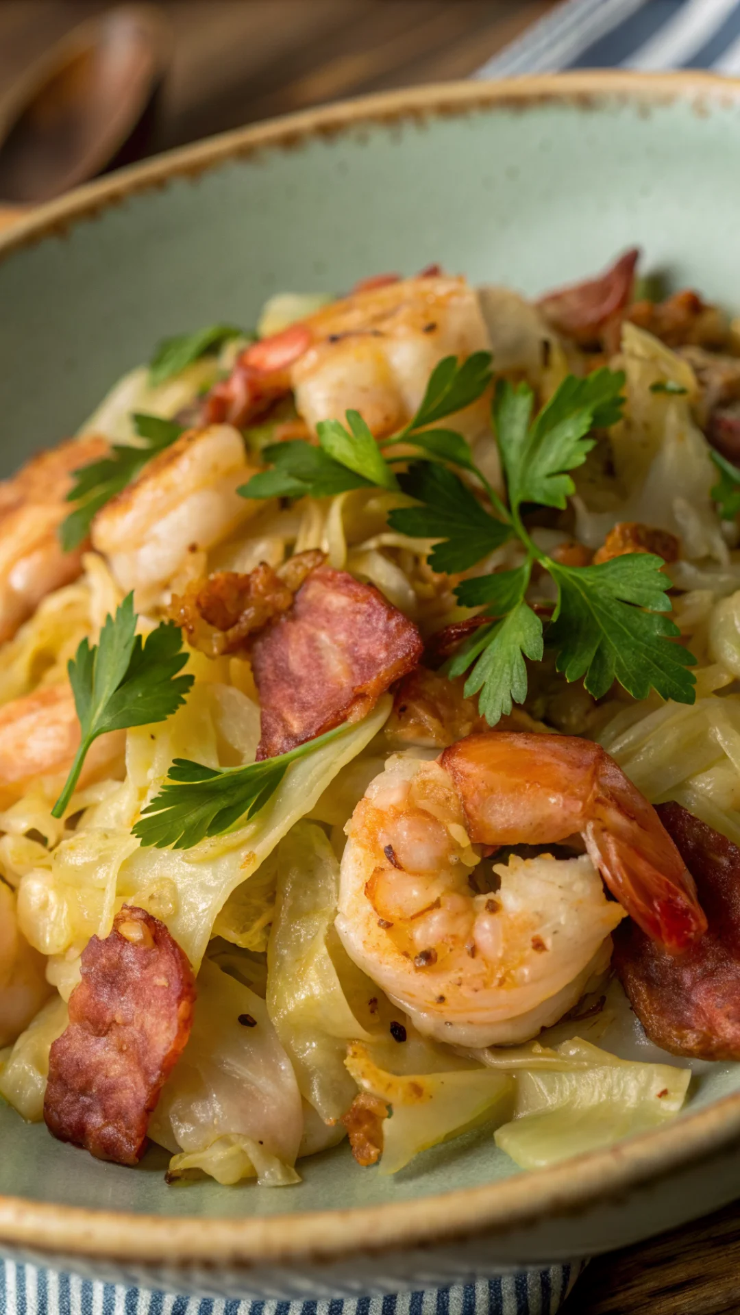 Close-up portrait vertical shot of a heaping plate of fried cabbage with shrimp sausage and bacon, creamy cabbage texture, go