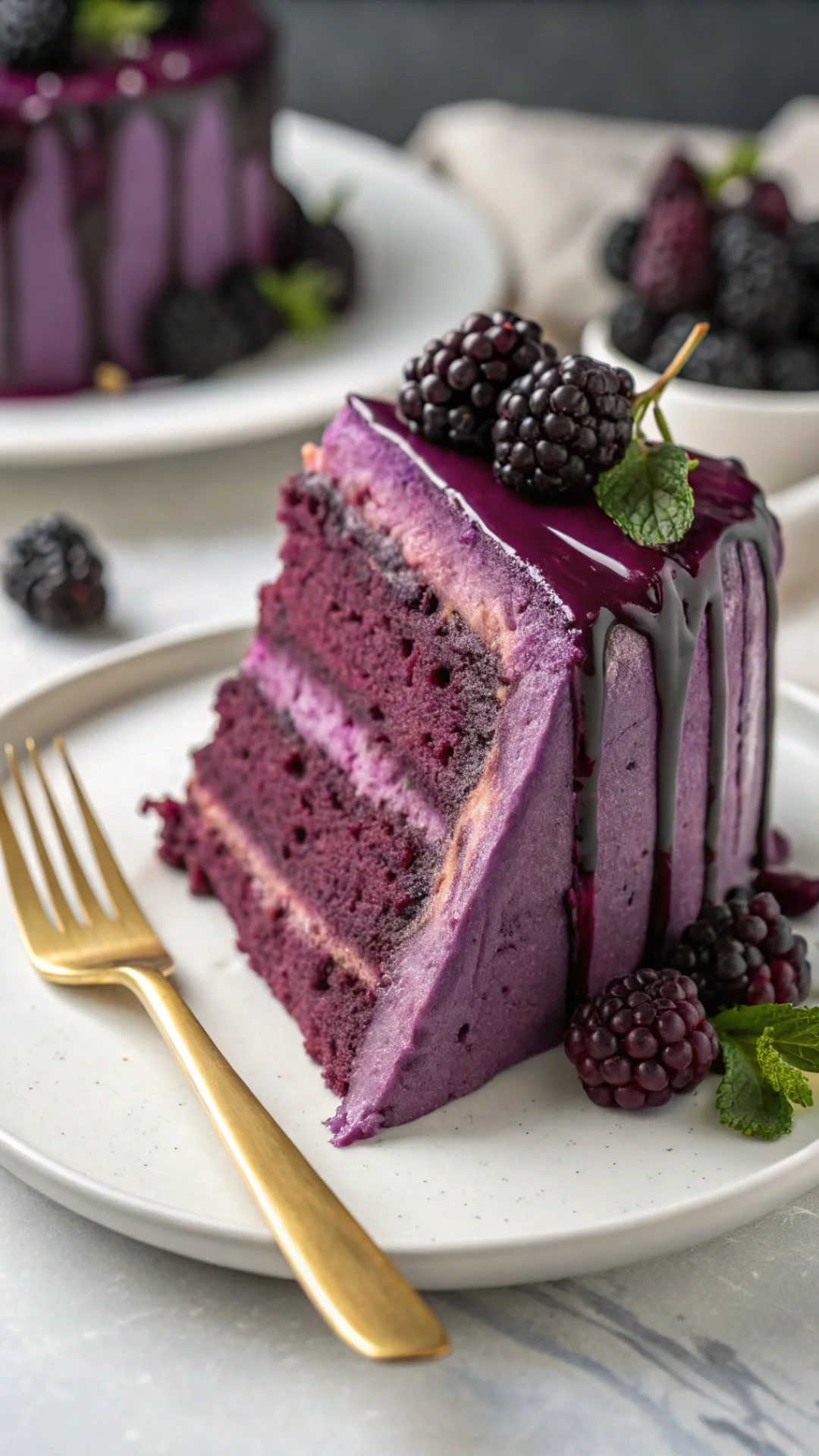 Close-up portrait vertical shot of a single slice of blackberry velvet cake on white plate, purple frosting dripping, fresh b