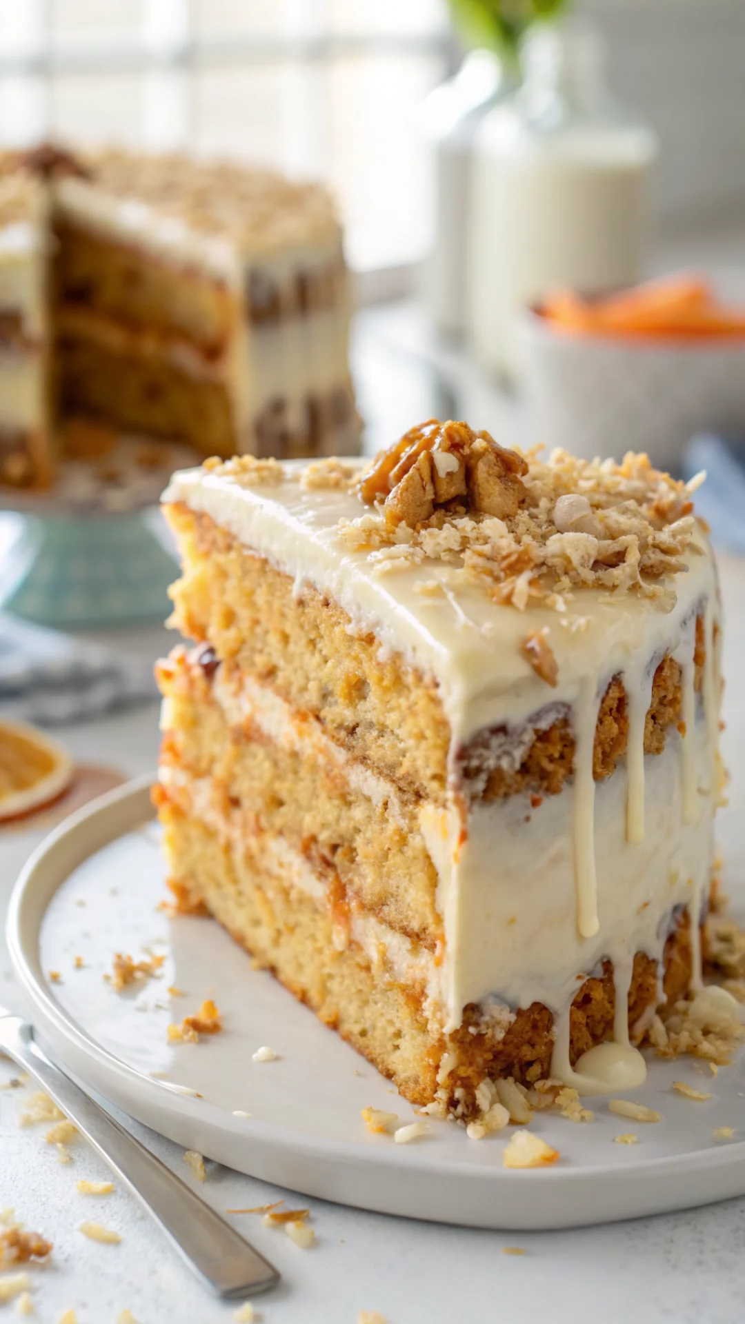 Close-up portrait vertical shot of layered Hawaiian carrot pineapple cake slice with creamy frosting dripping, toasted coconu