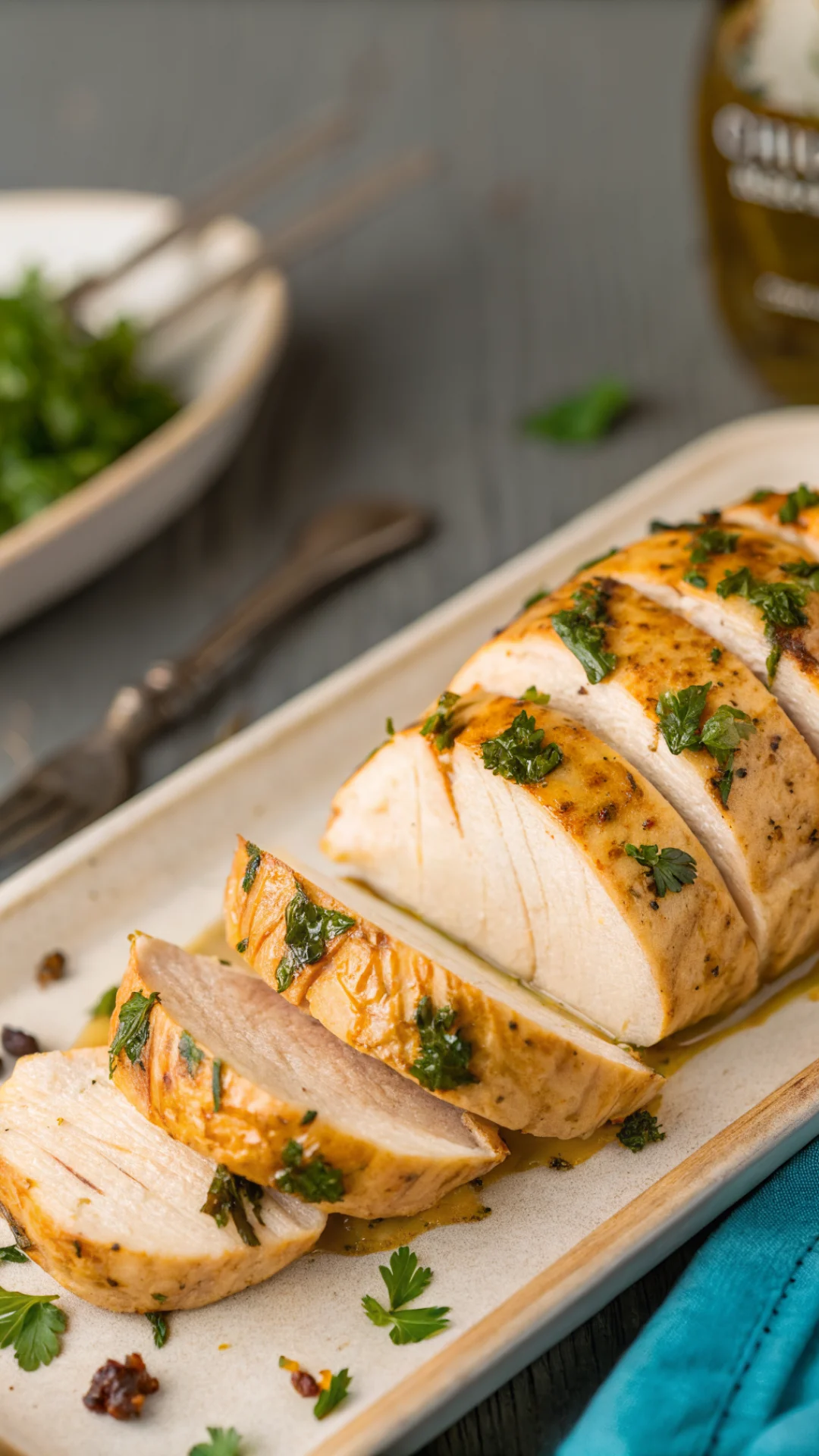 Close-up vertical portrait 9:16 of sliced grilled chicken breast with herb marinade, vibrant golden-brown surface, fresh pars