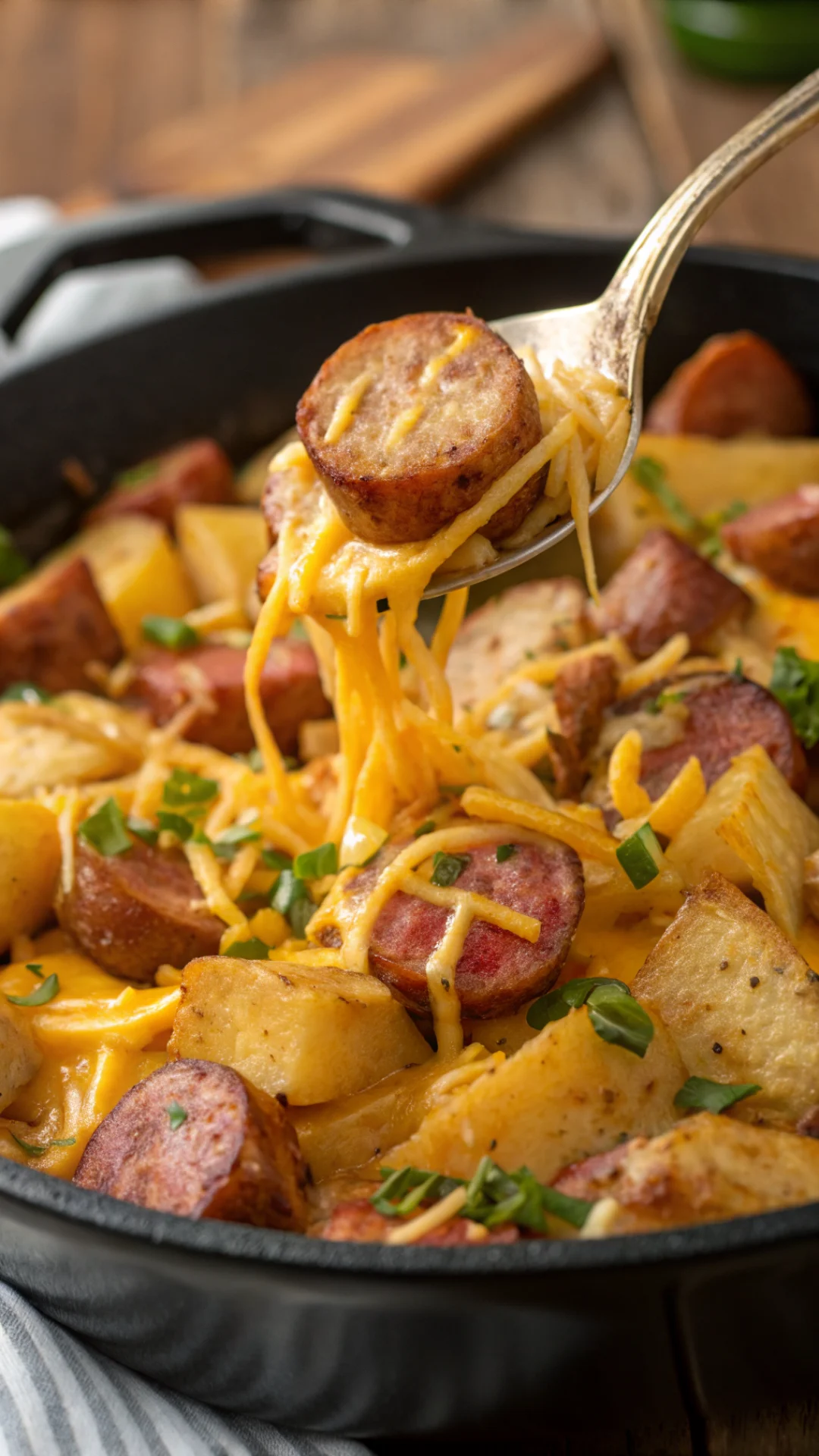 Close-up vertical portrait of a generous spoonful of cheesy ranch potatoes and smoked sausage, melted cheese strands, tender