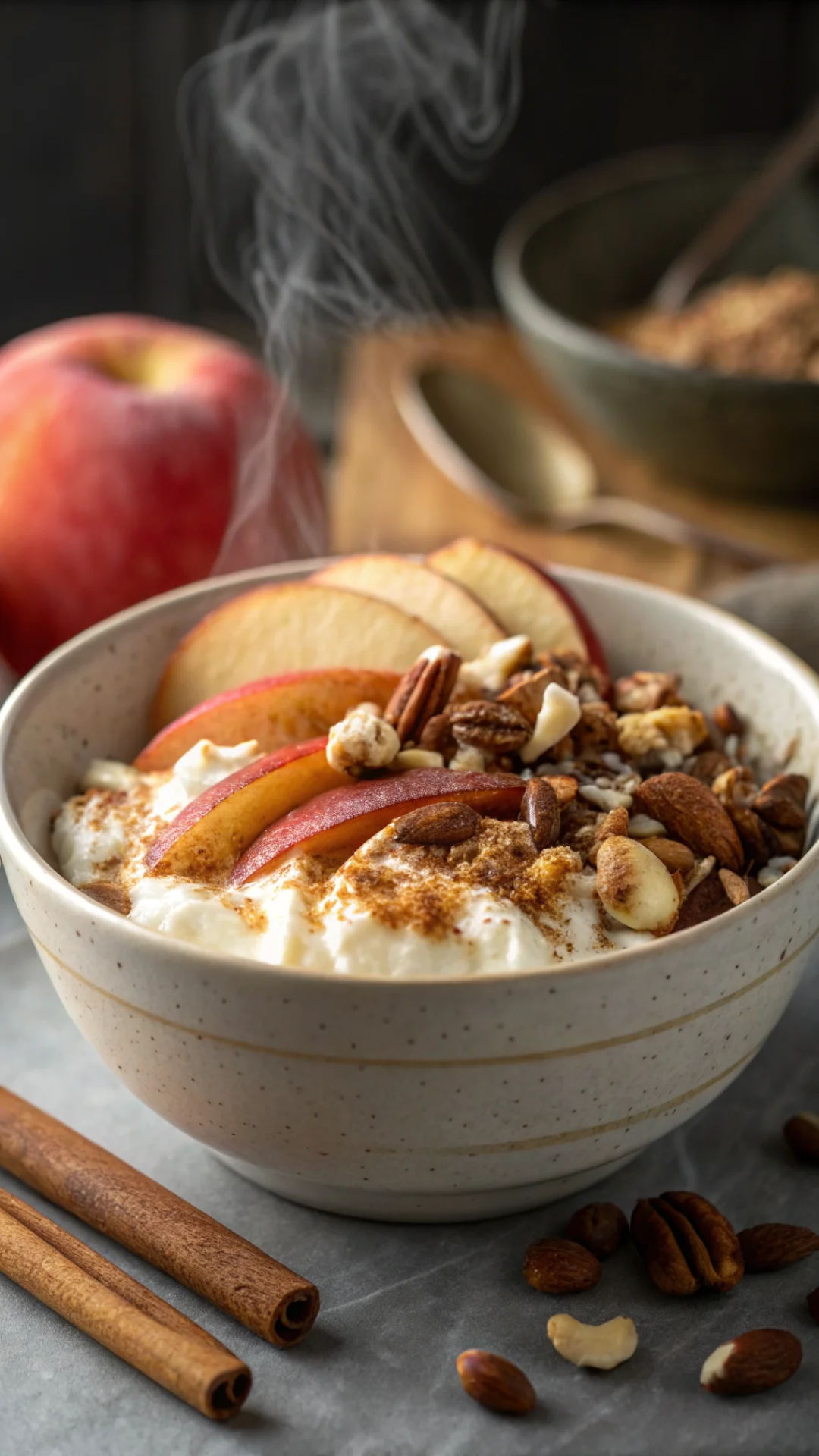 Close-up vertical portrait of a single baked apple cinnamon cottage cheese breakfast bowl, showcasing layers of creamy cottag