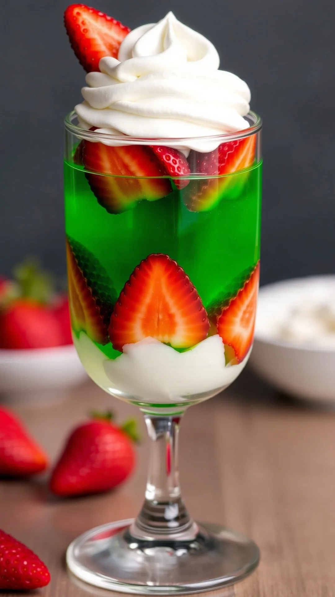 Close-up vertical portrait of a single bariatric gelatin parfait in a tall glass, layered with emerald green gelatin, strawbe
