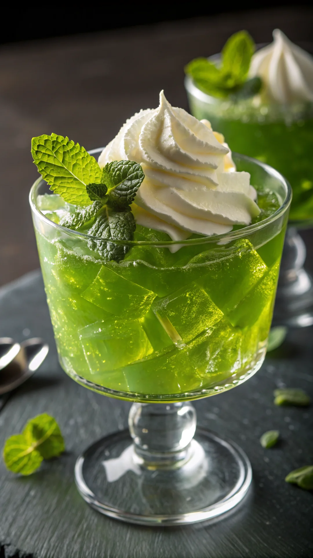 Close-up vertical portrait of a single clear glass filled with lime green jello, topped with whipped cream and fresh mint lea