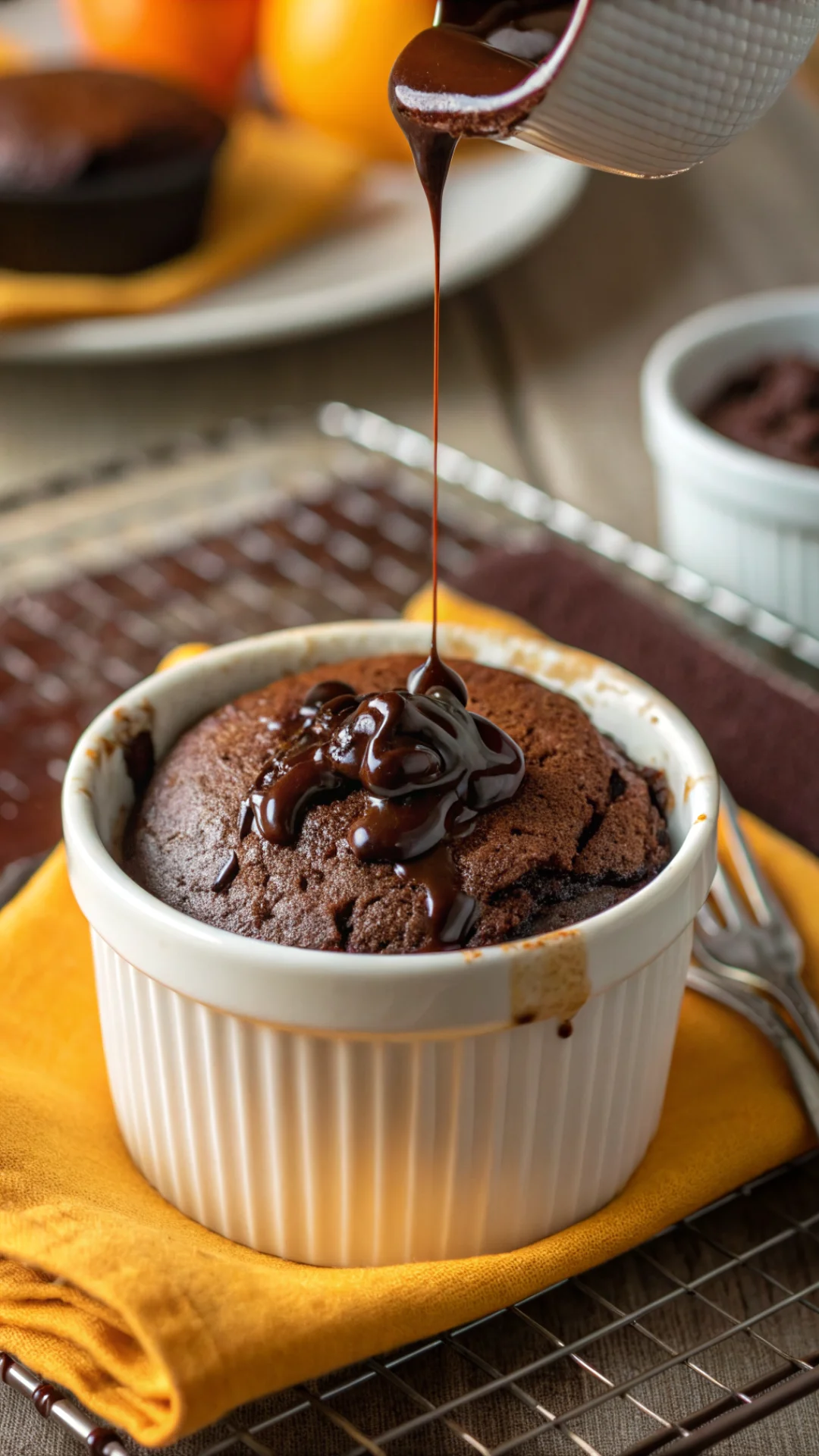 Close-up vertical portrait of a single cottage cheese lava cake ramekin with chocolate lava pouring out, steam rising, rich d