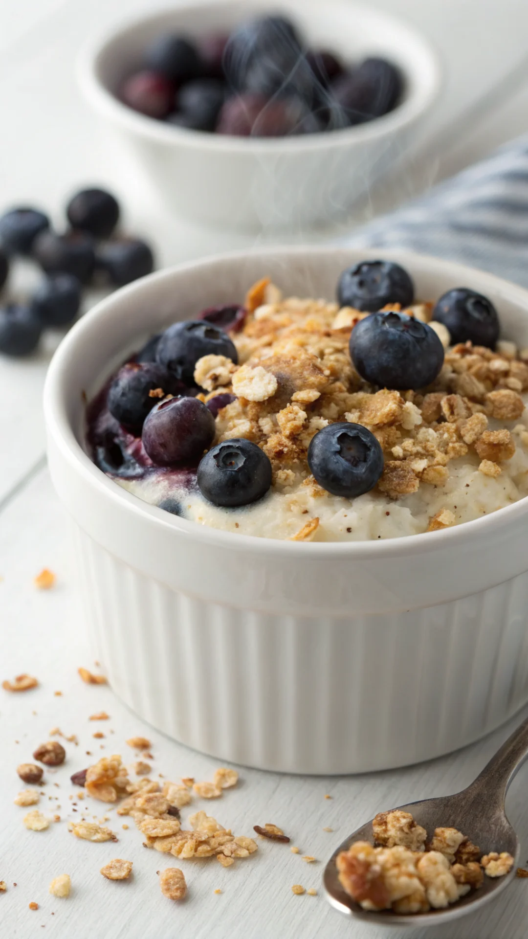 Close-up vertical portrait of a single creamy baked blueberry cottage cheese breakfast bowl in a white ceramic ramekin, toppe