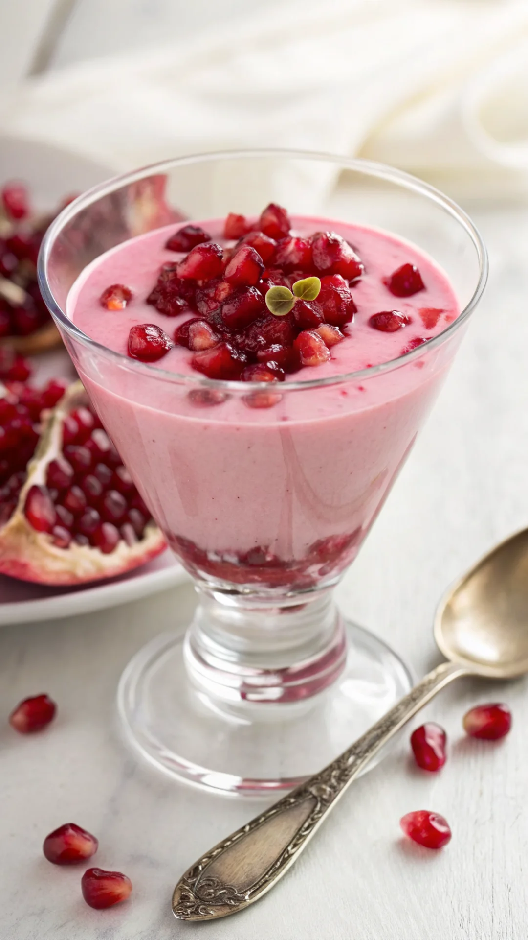 Close-up vertical portrait of a single glass containing bright pink Dr Oz gelatin with fresh pomegranate arils on top, spoon