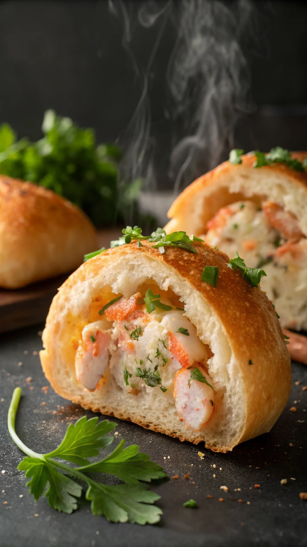 Close-up vertical portrait of a single golden garlic bread bomb cut in half revealing creamy seafood filling, steam rising, f