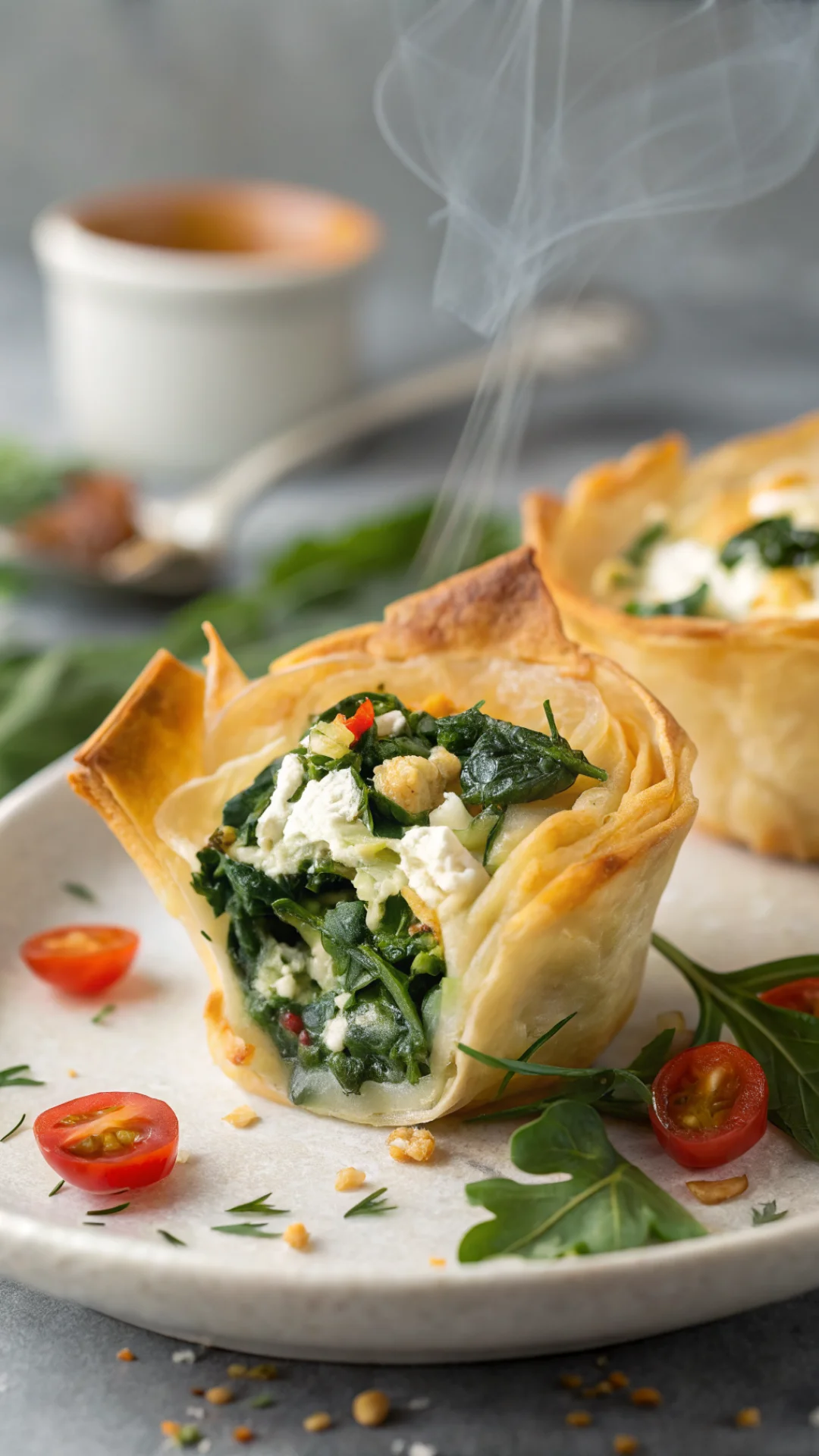 Close-up vertical portrait of a single Mediterranean spinach feta crisp held up, golden phyllo layers visible, creamy feta fi