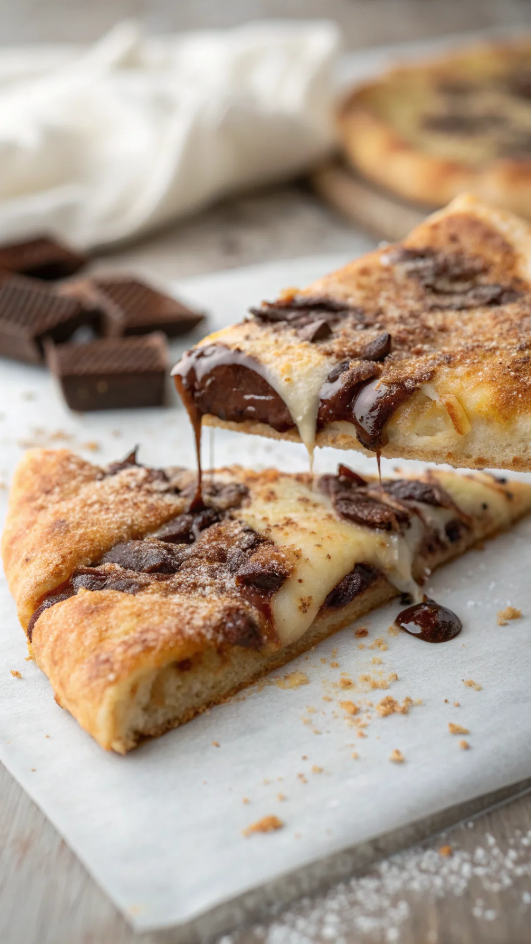 Close-up vertical portrait of a single warm slice of cinnamon sugar crescent roll pizza with melted chocolate, gooey cheese p