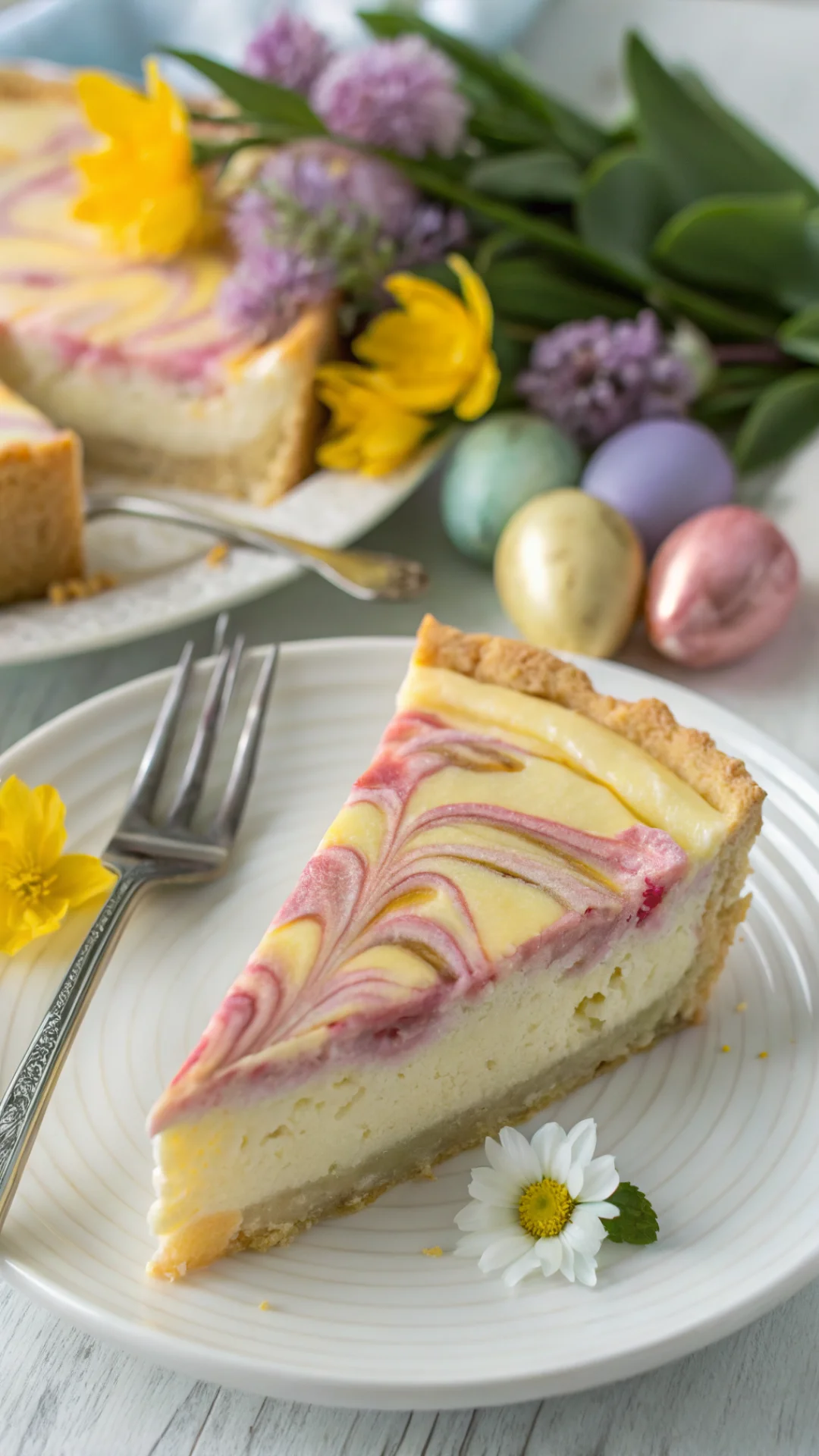 Close-up vertical portrait of a slice of Easter swirl pie showing the creamy pastel-colored swirled filling layers and butter