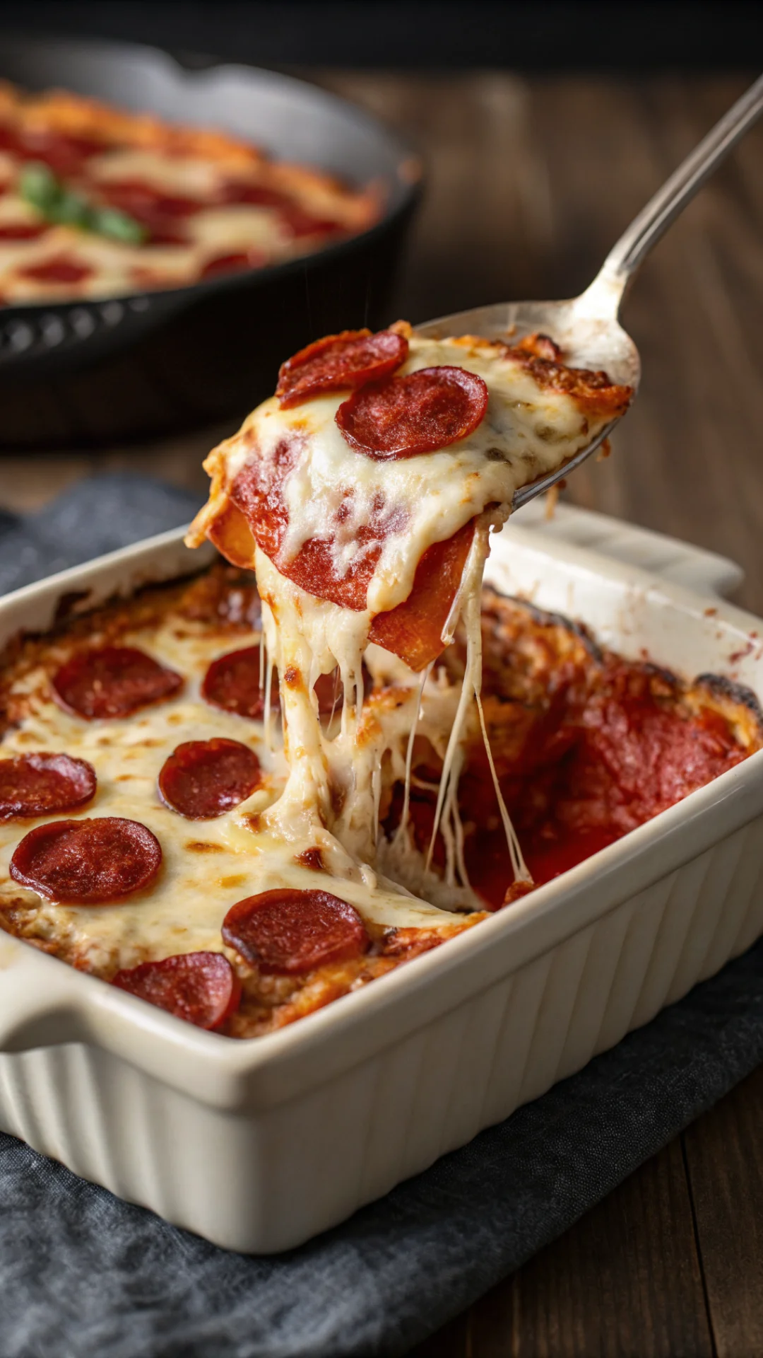 Close-up vertical portrait of a spoon pulling out a portion of pepperoni bake, melted mozzarella stretching, layers visible,