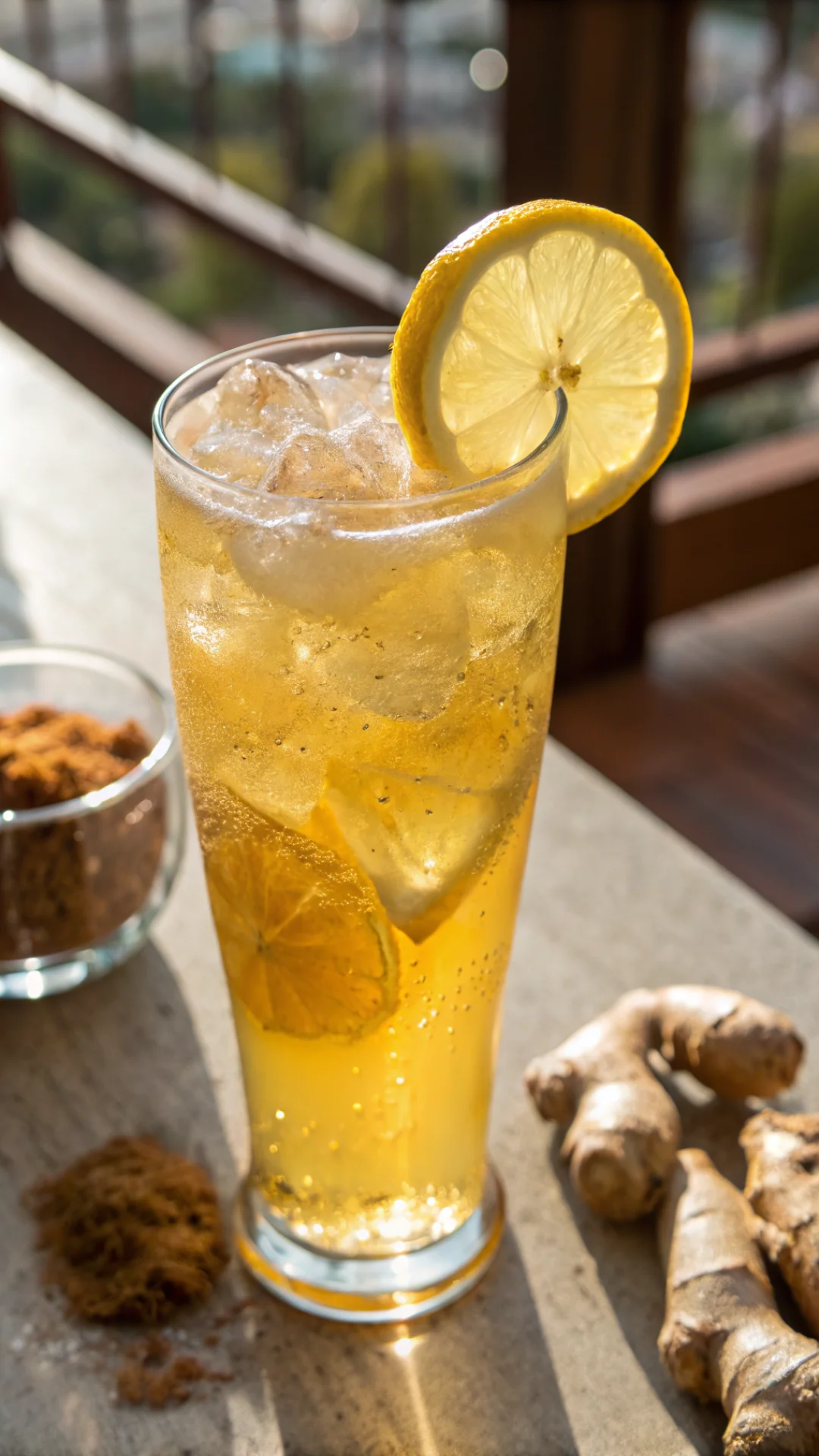 Close-up vertical portrait of clear amber gelatin drink in tall glass with fresh lemon slice floating, ginger visible at bott