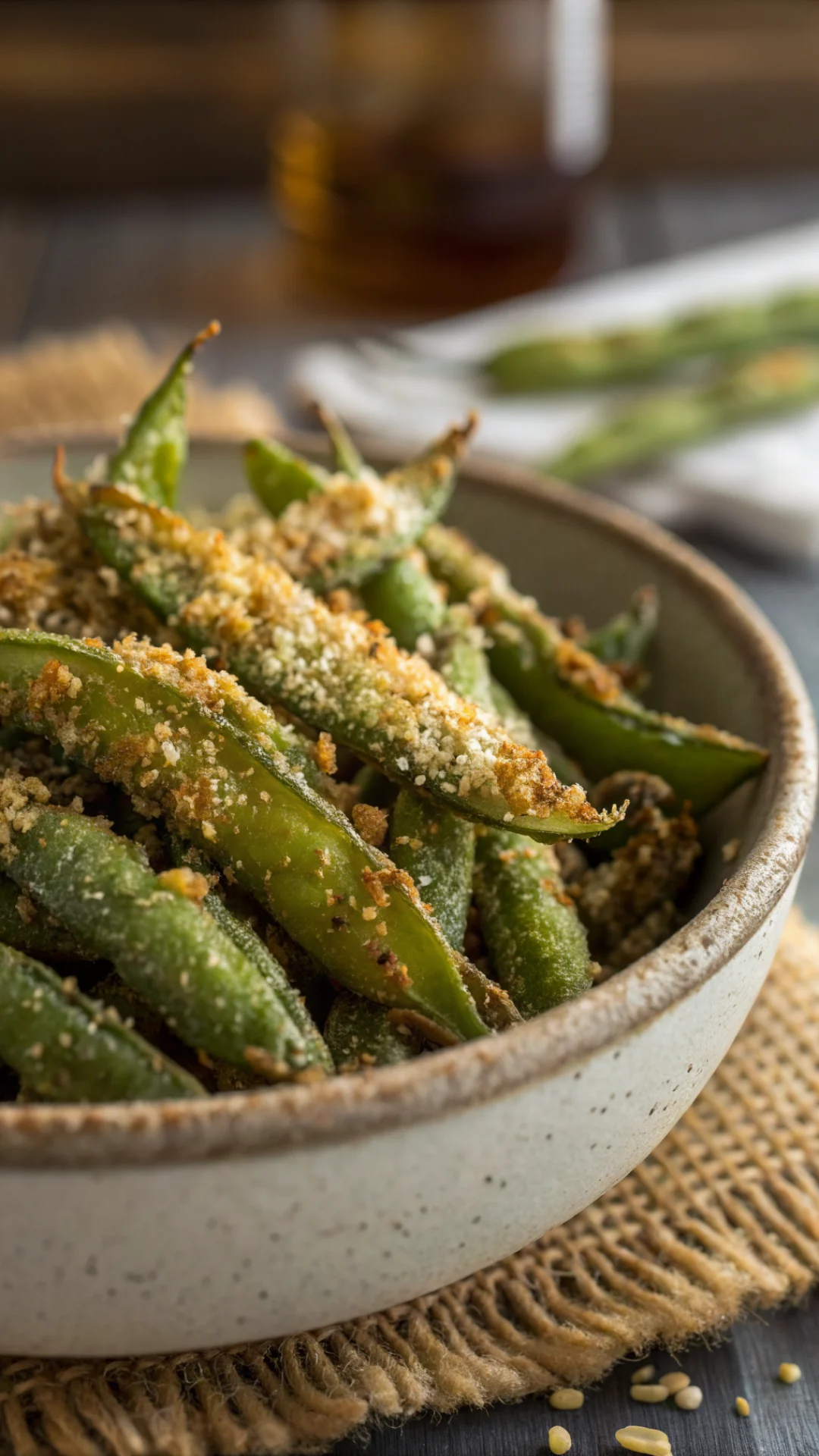 Close-up vertical portrait of crispy roasted edamame with Parmesan cheese coating, shallow depth of field, warm afternoon sun