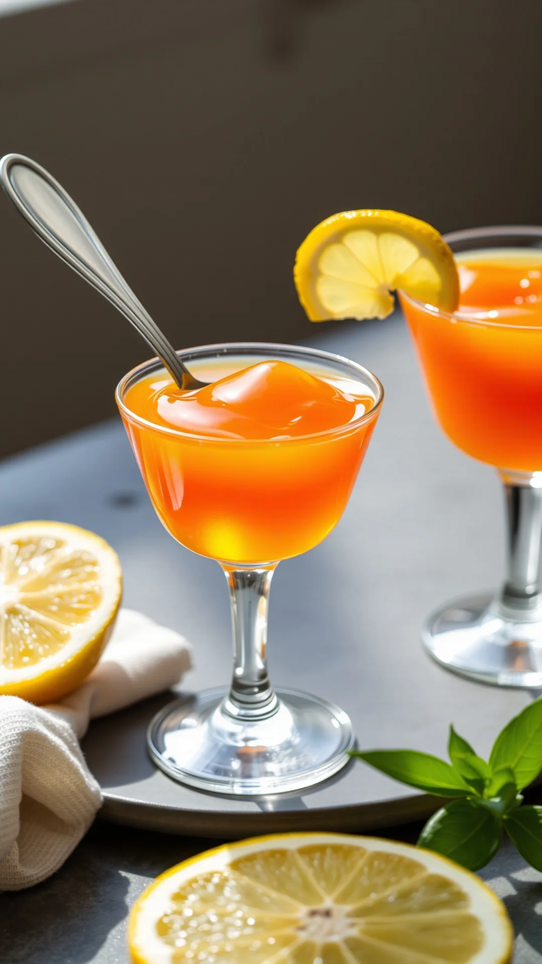 Close-up vertical portrait of golden amber gelatin trick in glass cup with spoon, fresh lemon slice beside it, natural sunlig