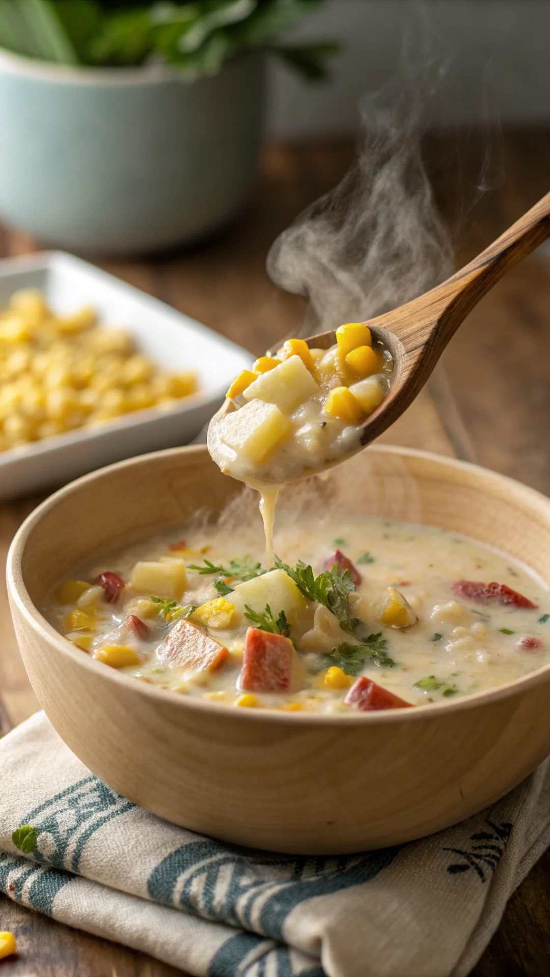 Close-up vertical portrait of ladleful of creamy corn chowder being lifted from bowl, corn kernels and potatoes visible, stea