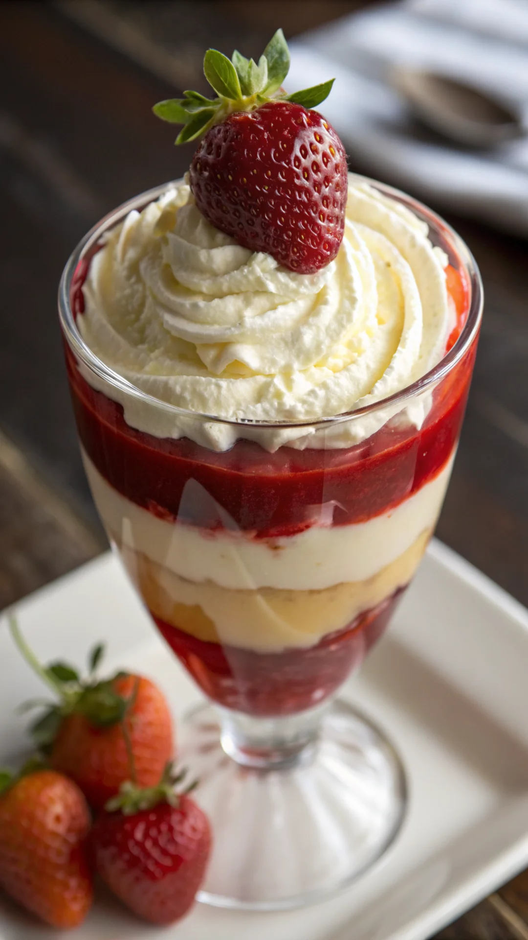 Close-up vertical portrait of layered gelatin dessert in a tall glass with whipped cream on top, strawberry garnish, rich col