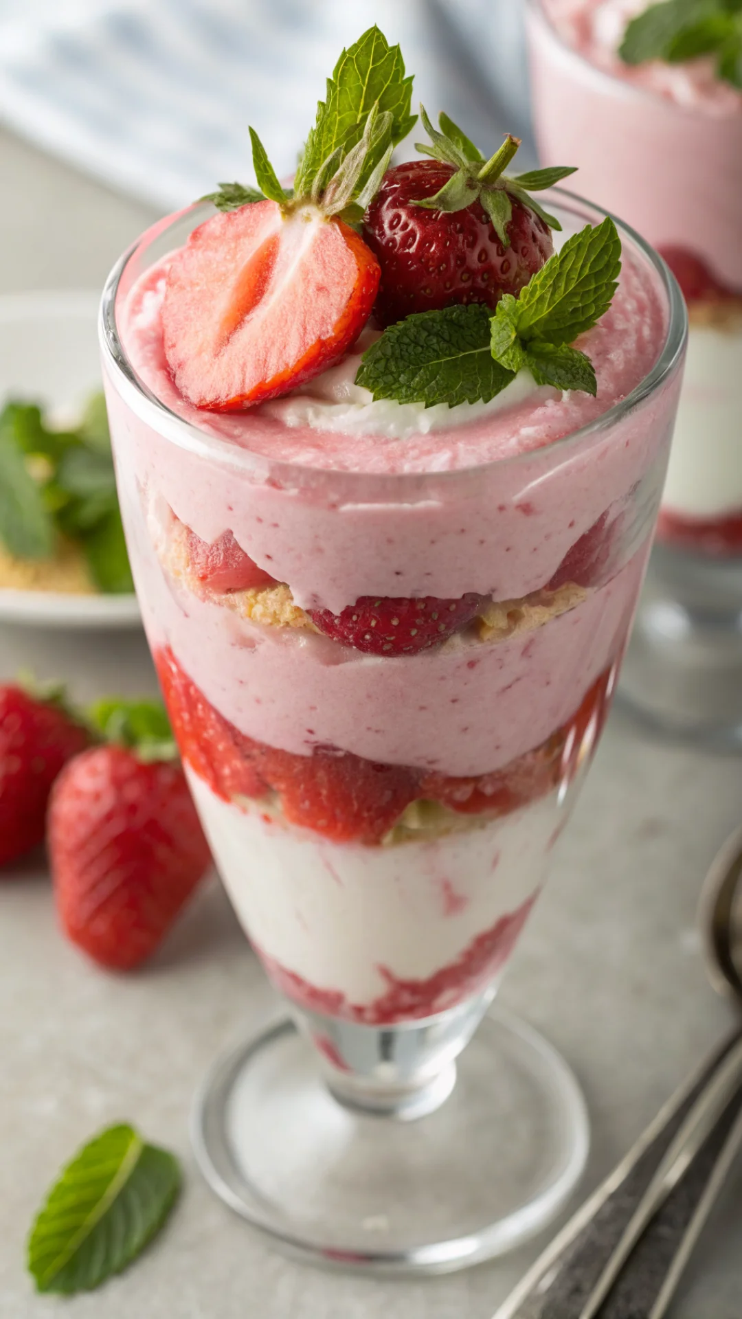 Close-up vertical portrait of layered pink gelatin dessert in tall glass with strawberry slice visible through translucent ge