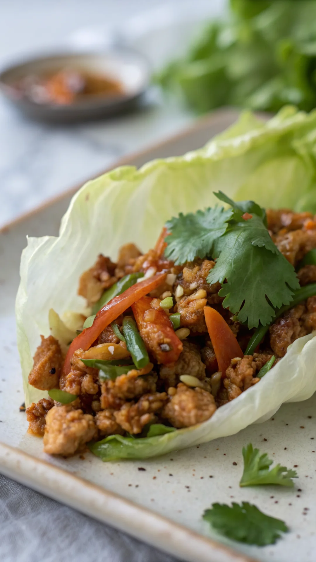 Close-up vertical portrait of single chicken lettuce wrap being held, filled with savory ground chicken mixture and crispy ve