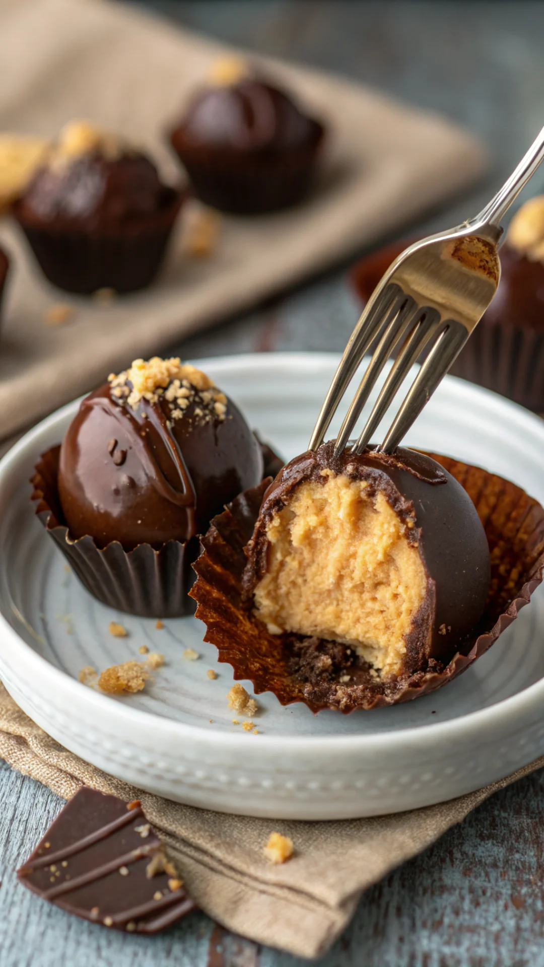Close-up vertical portrait of single peanut butter cheesecake ball being dipped into melted chocolate with fork, frozen ball