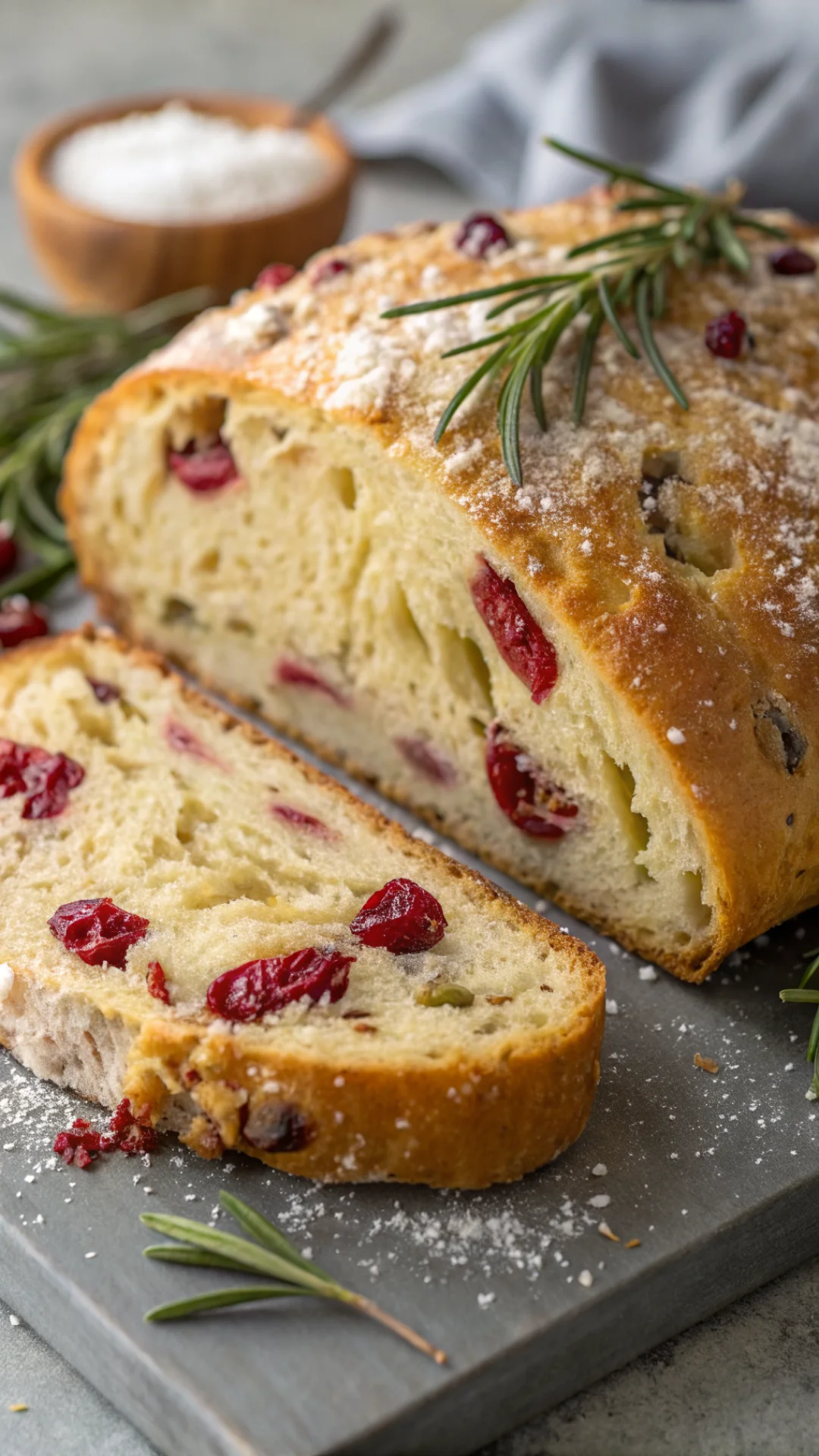 Close-up vertical portrait of sliced no-knead rosemary cranberry bread showing open crumb structure, tart cranberries visible