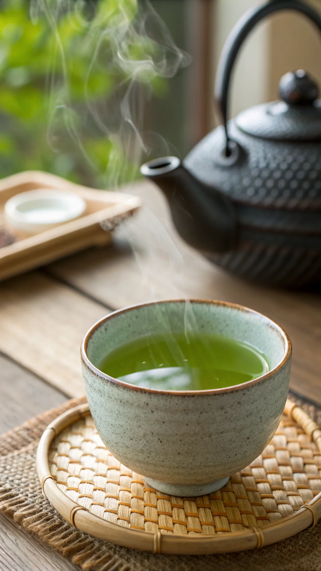 Close-up vertical portrait of vibrant jade-green ichiran tea in delicate ceramic cup, steam rising, Japanese teapot blurred i