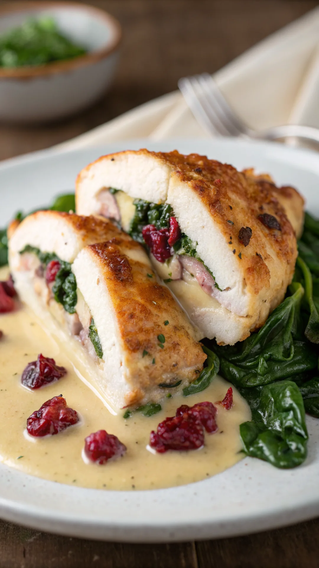 Close-up vertical shot of a single sliced stuffed chicken breast showing vibrant green spinach, ruby cranberries, and creamy