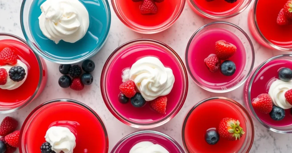 Colorful sugar-free gelatin desserts in clear glass bowls arranged overhead, topped with fresh berries and whipped cream, vib